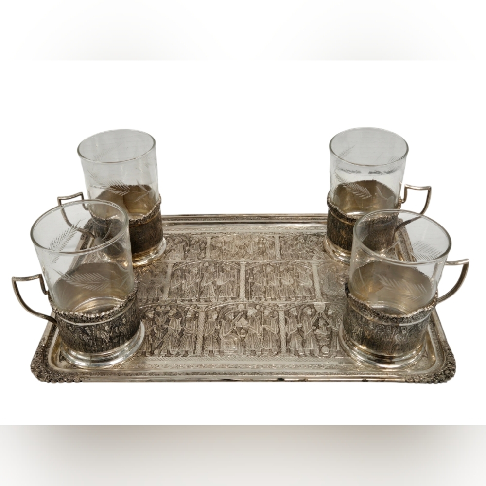Antique Persian Silver Coffee/Tea Cup Set For 4 With Tray